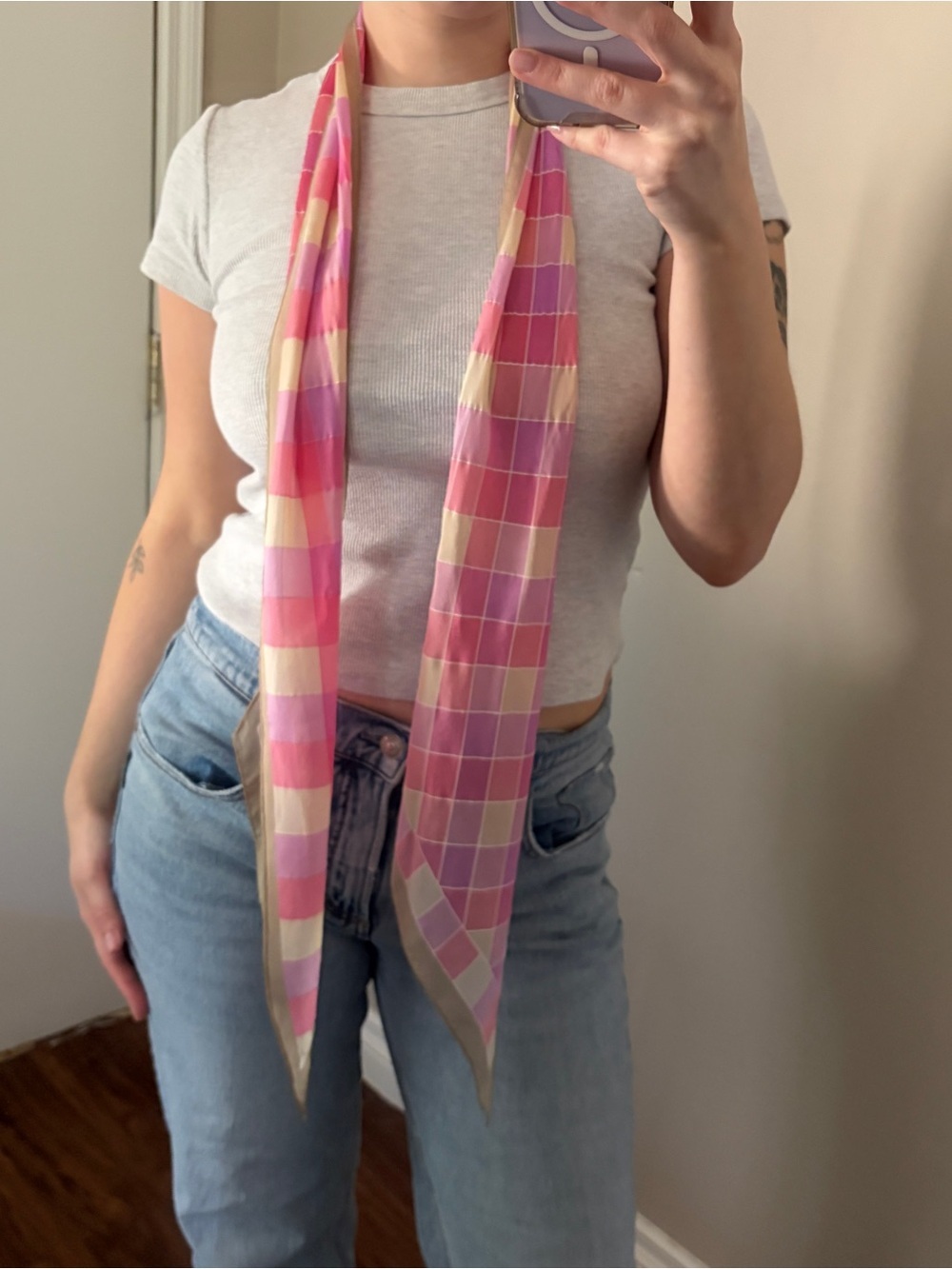 Y2K style pink plaid skinny scarf belt